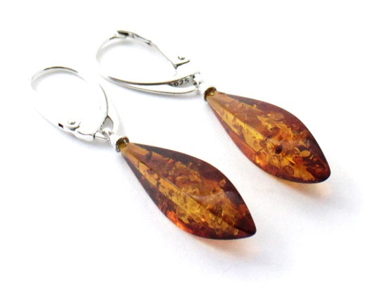 Amber Faceted Cognac Drop Earrings With Silver